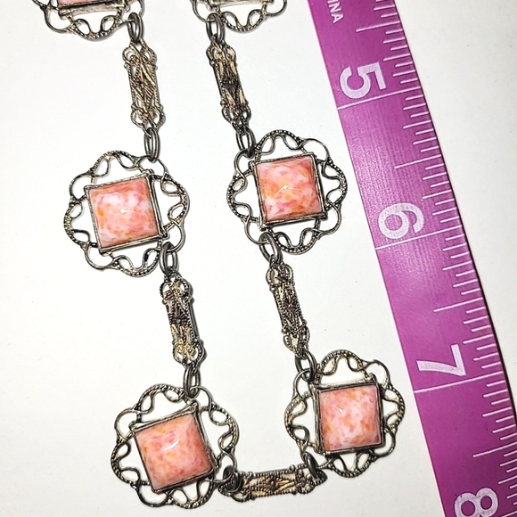 ANTIQUE ART NOUVEAU CORAL COLORED MARBLED GLASS & FILIGREE CHOKER NECKLACE - Picture 8 of 11